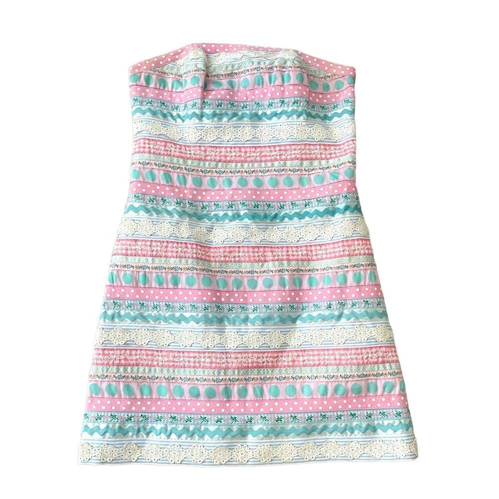Lilly Pulitzer Vintage White Label Ribbon Strapless Retro Party Dress Size 2